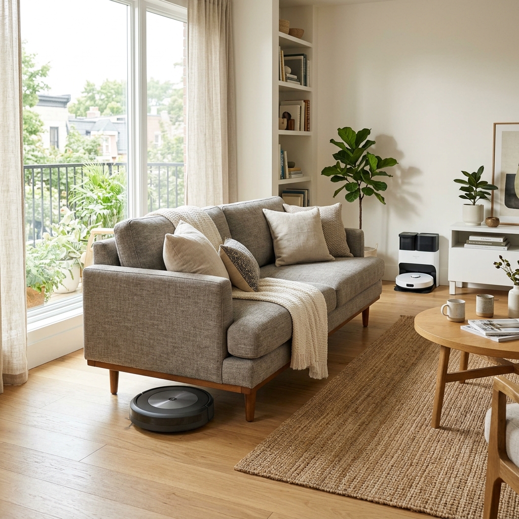 Robot vacuum cleaning under sofa with self-emptying base UK. Modern living room, smart home tech, 2024.