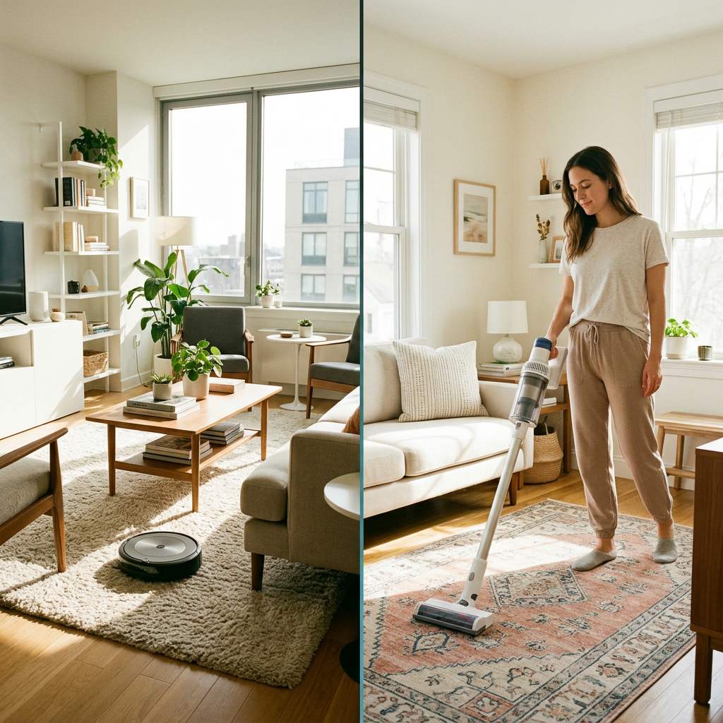 Clean home, easy cleaning: robot vs stick vacuum UK. Bright living rooms, modern style. Effortless floorcare solutions. 2026.