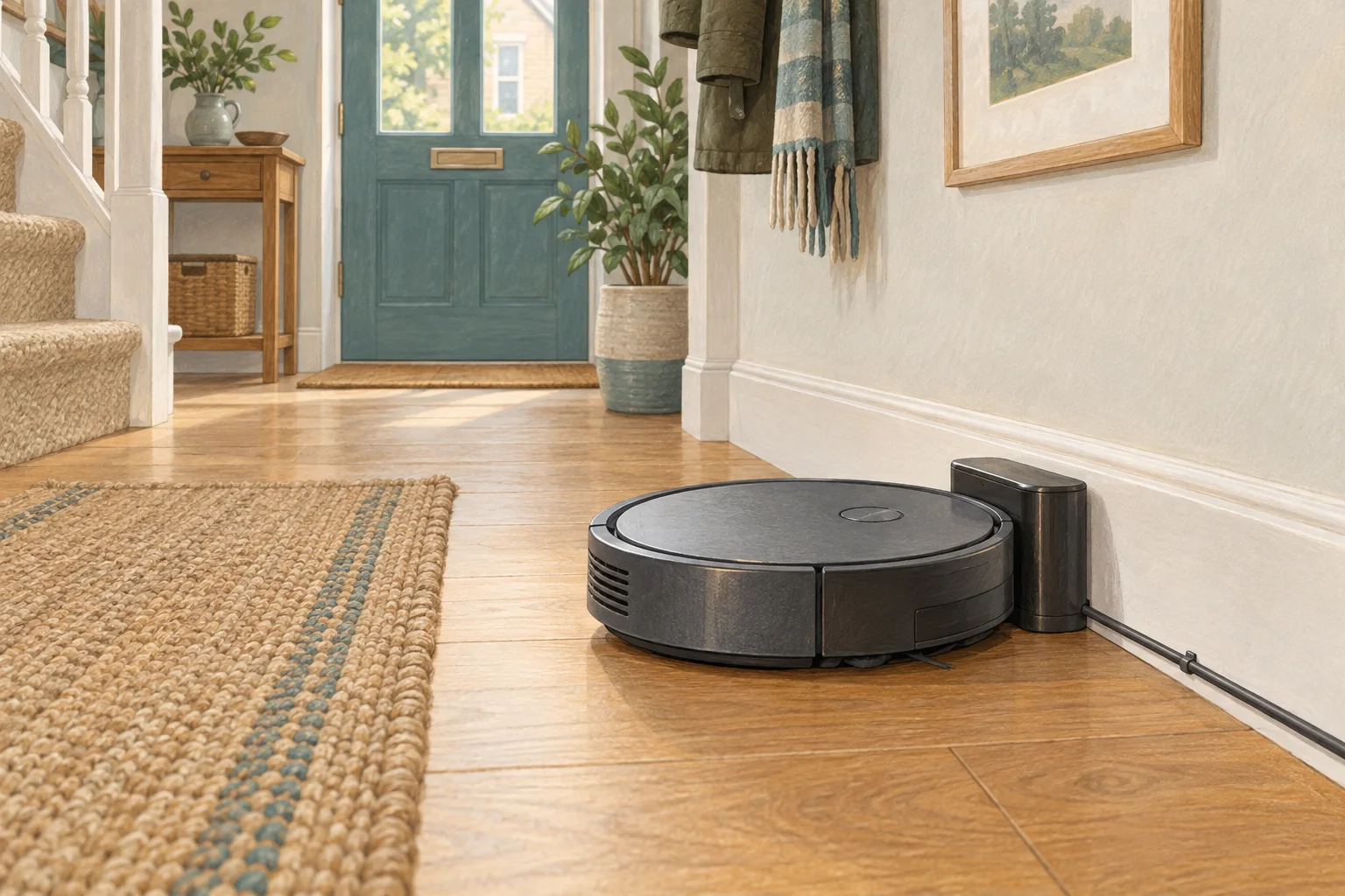 Illustrated robot vacuum aligned with its charging base in a clear hallway