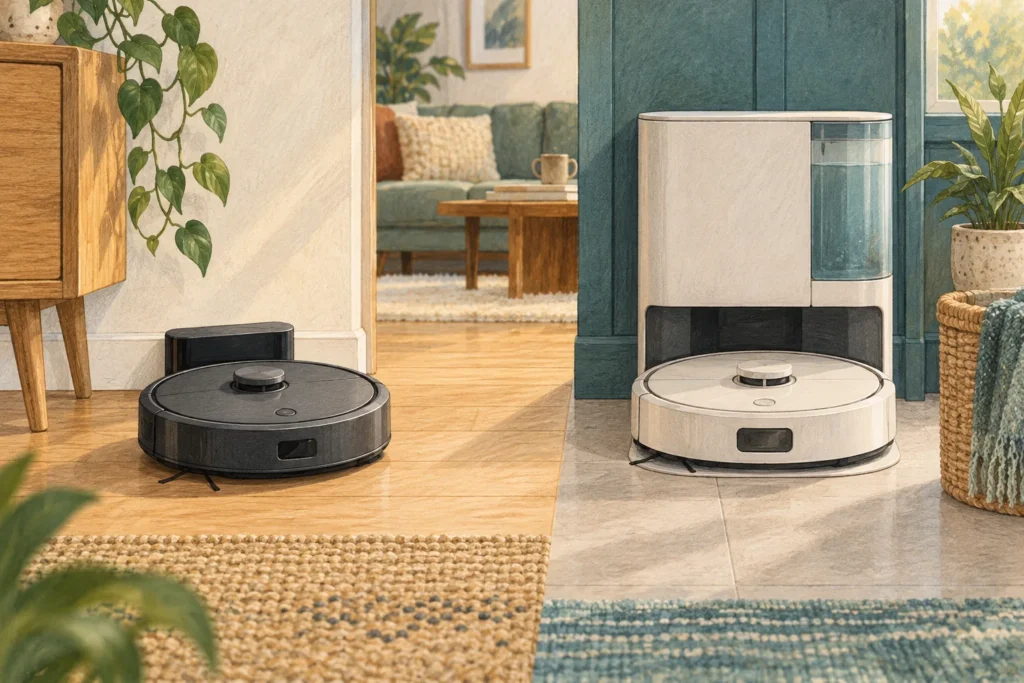Illustration comparing a simple robot charging base with a larger mop-care station