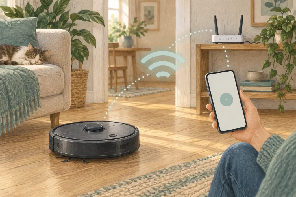 Illustration of a robot vacuum, home router and phone with an abstract connection symbol