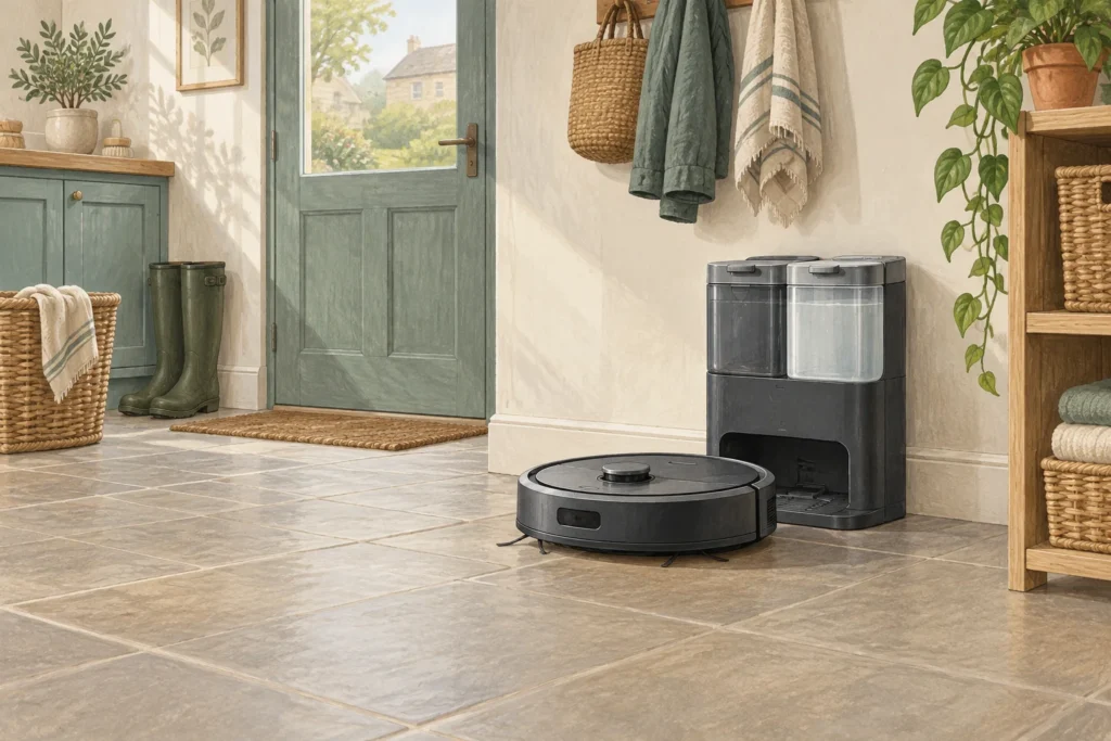 Illustrated robot vacuum and water-care dock with clear maintenance access