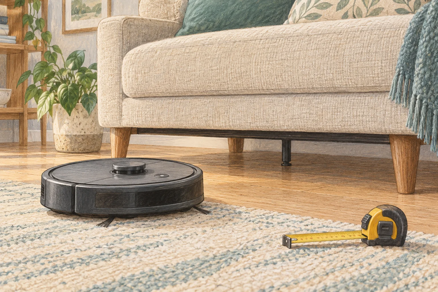 Illustration of a robot vacuum beside a sofa with a clear gap underneath