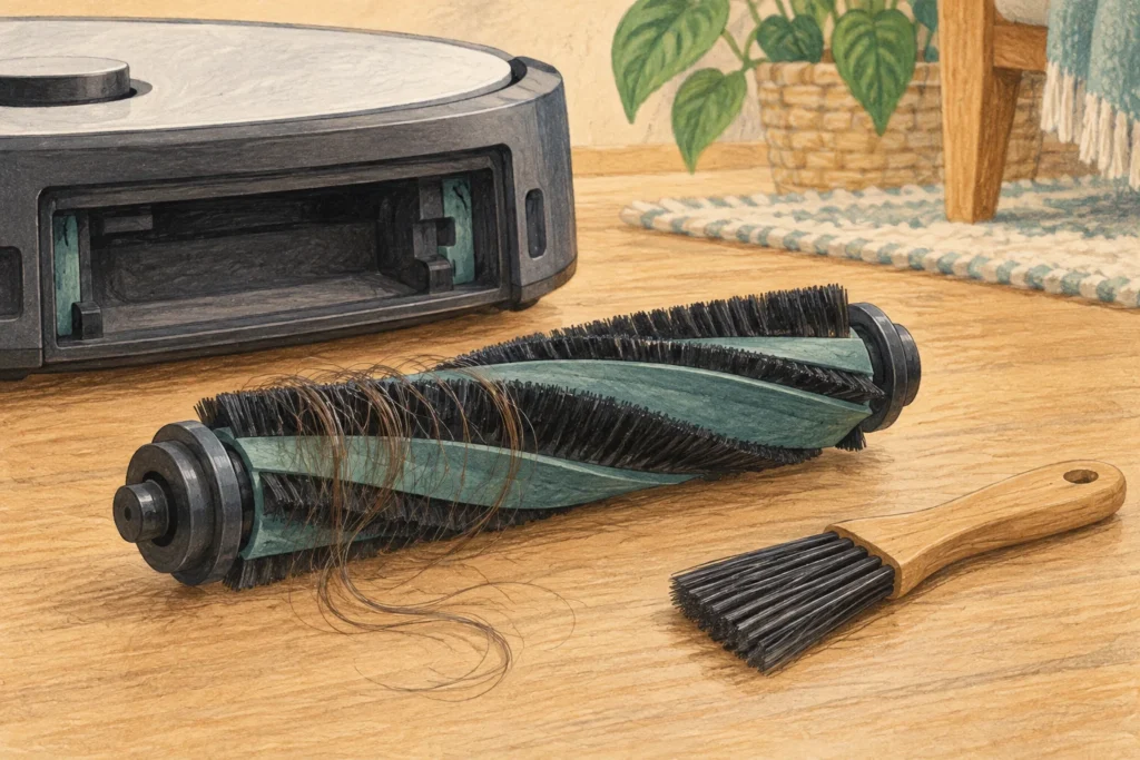 Illustration of a removable robot vacuum roller and a small amount of wrapped hair