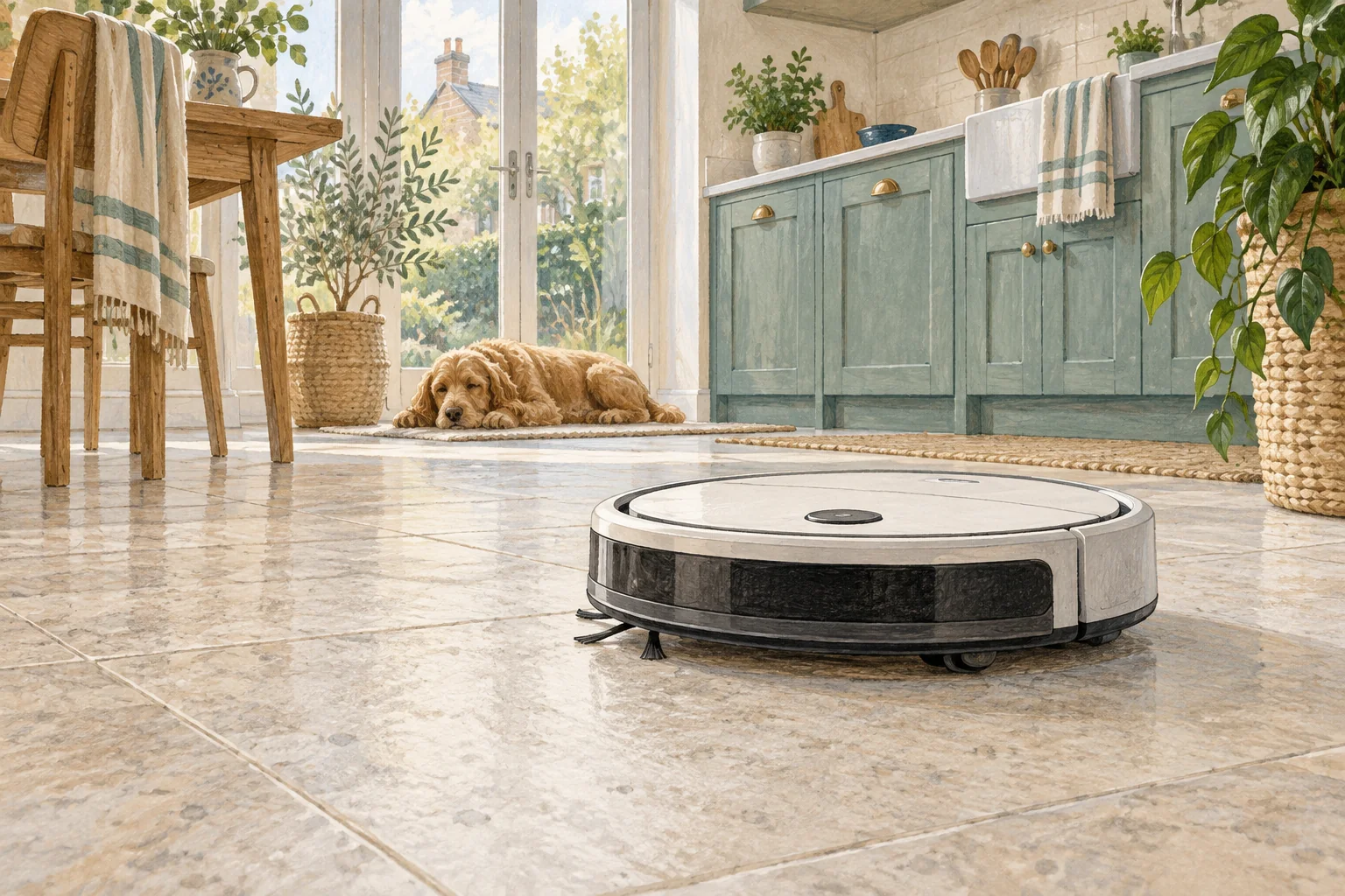 Illustrated robot vacuum on a pale hard floor with visible surface texture