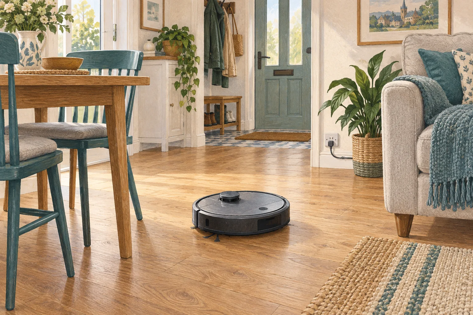 Illustrated robot vacuum in a tidy British home with safely arranged furniture
