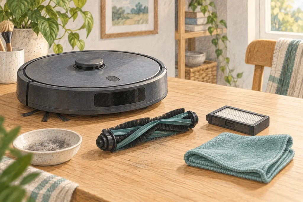 Illustration of a switched-off robot vacuum with removable brush, filter and cleaning cloth