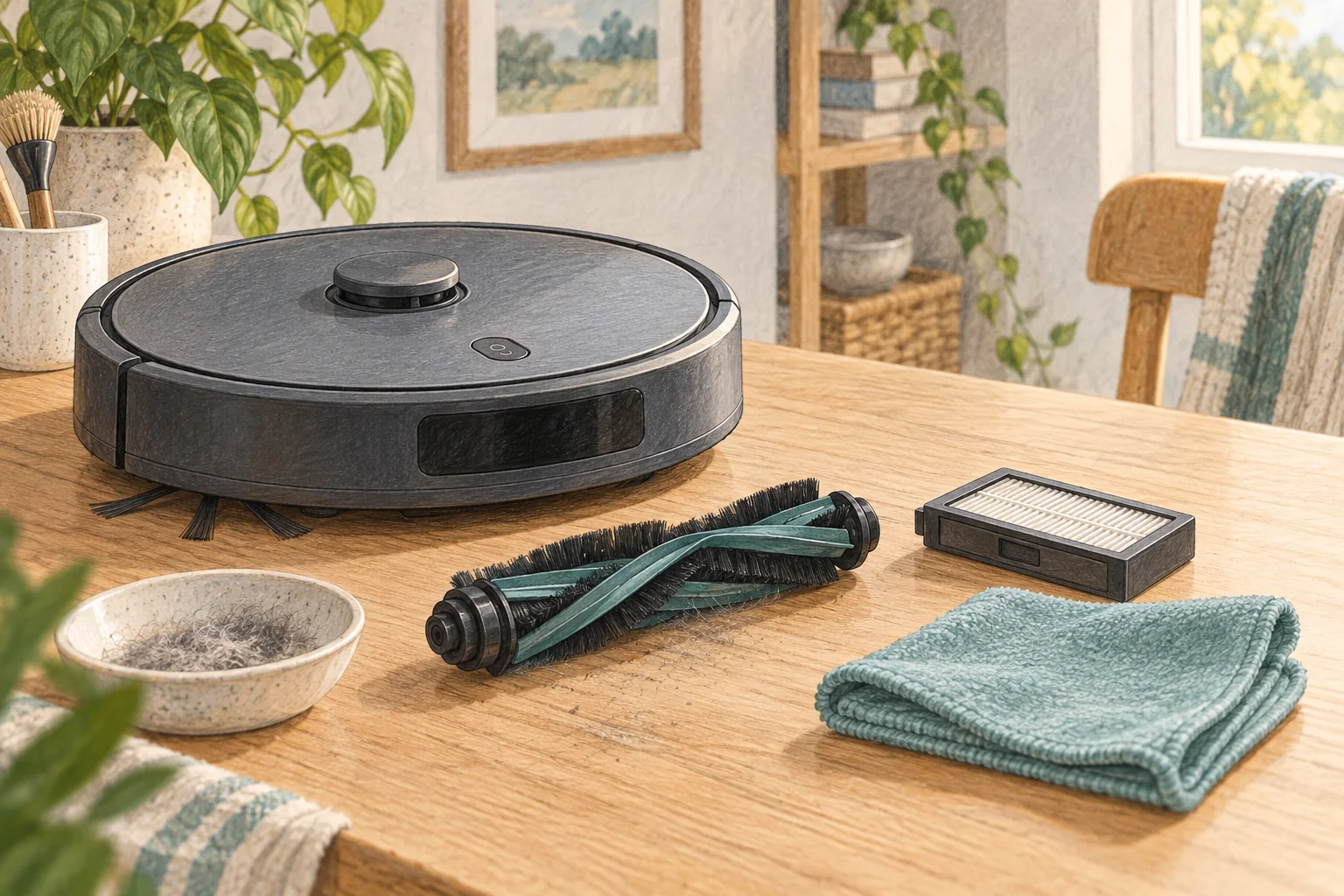 Illustration of a switched-off robot vacuum with removable brush, filter and cleaning cloth