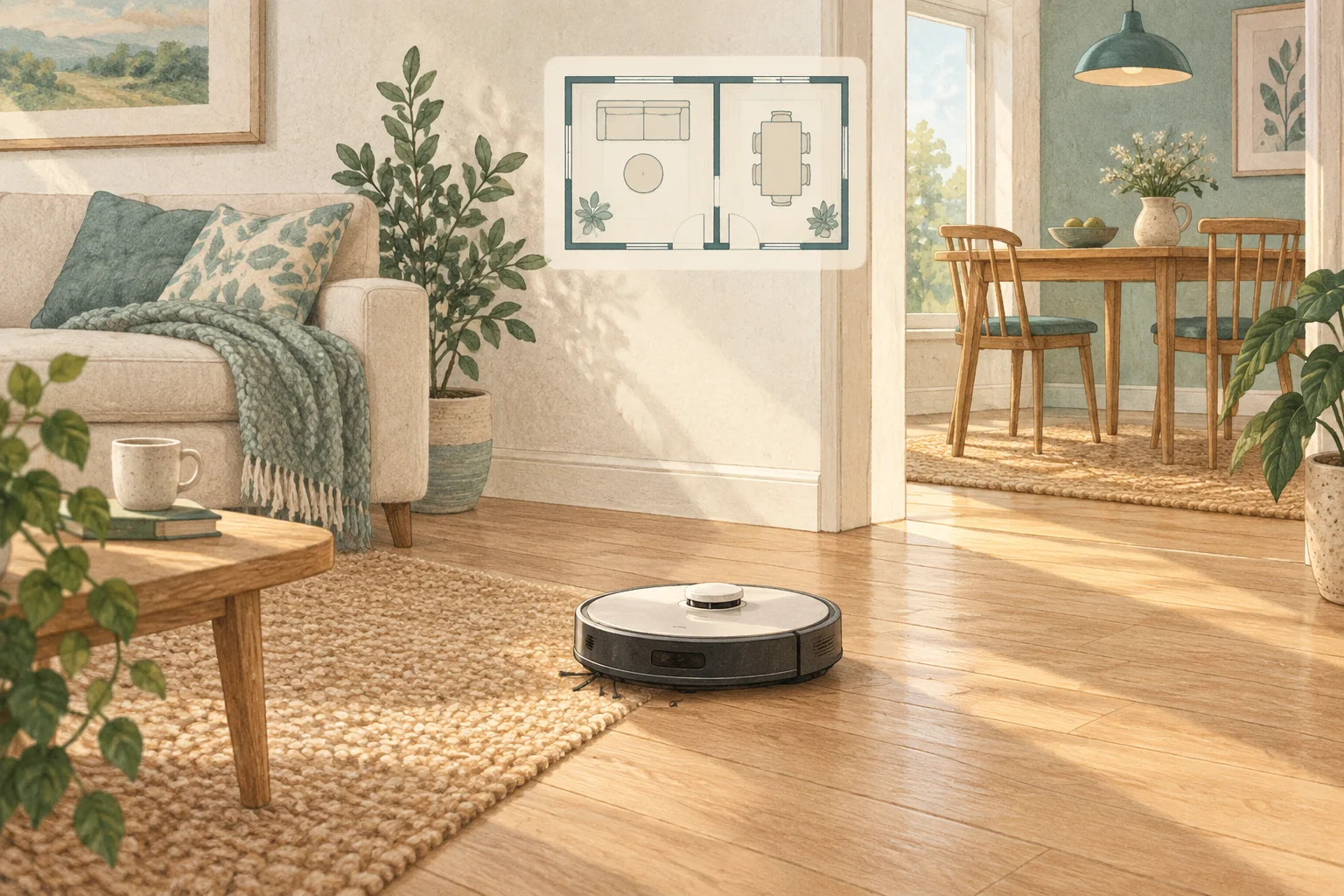 Illustration of a robot vacuum in a clear room with a simple floor-plan inset