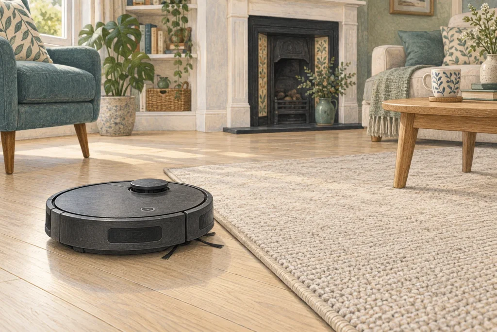 Illustrated robot vacuum beside the edge of a flat rug on a hard floor