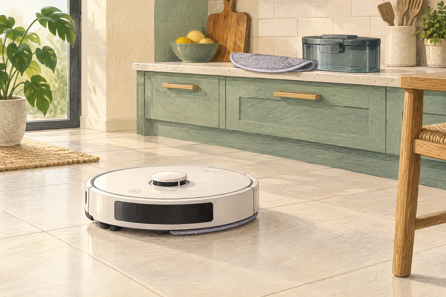 Illustration of a robot mop on a clean tiled kitchen floor with a removable pad nearby