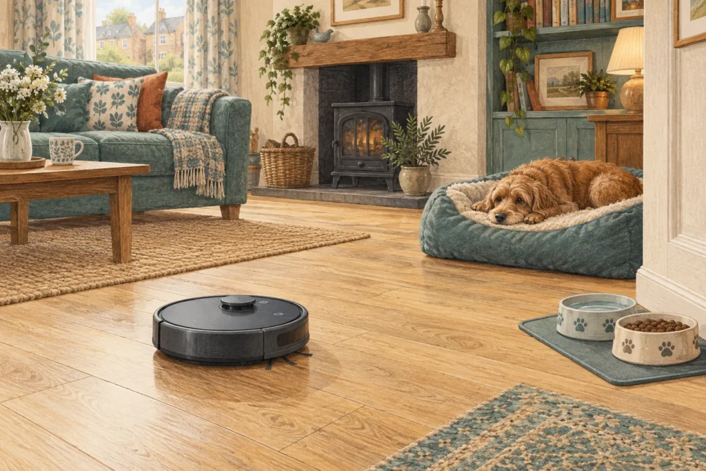 Illustration of a robot vacuum separated from a resting dog and raised pet bowls