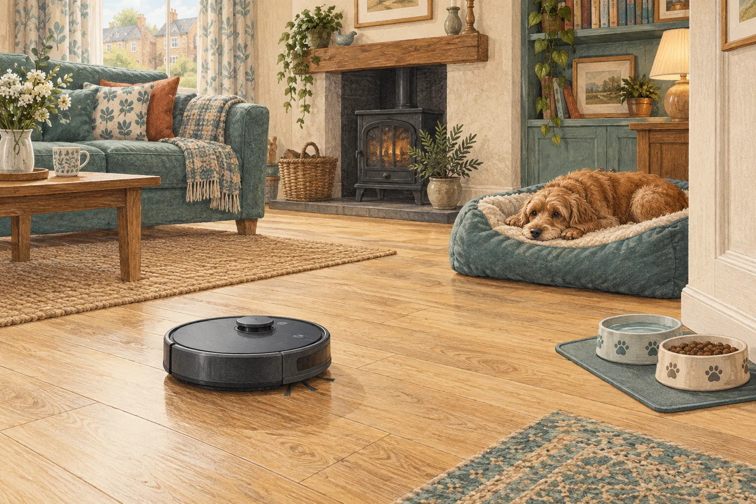 Illustration of a robot vacuum separated from a resting dog and raised pet bowls