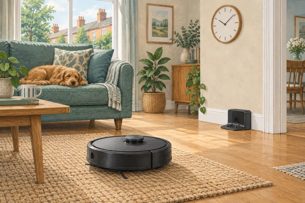 Illustration of a robot vacuum beside a simple clock in a tidy living room