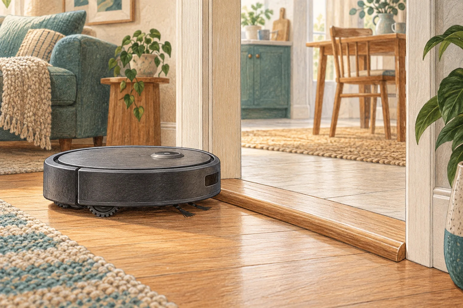 Illustrated robot vacuum approaching a low transition strip between two rooms